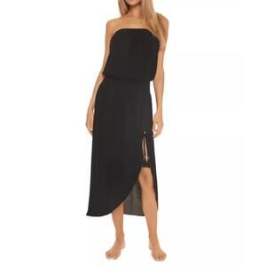 Becca Medium Ponza Bandeau Strapless Swim Coverup Dress Black Smocked Waist